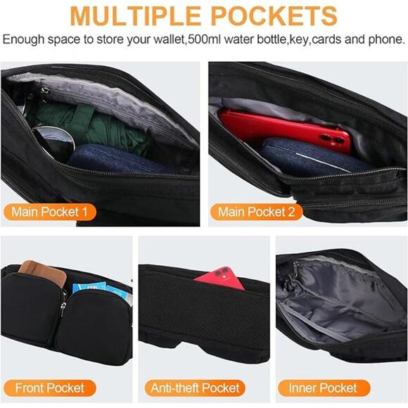 Women & Men Large Waist Bag Hip Bum Crossbody Bag with 5-Zipper Pockets (Black) - Picture 4 of 7